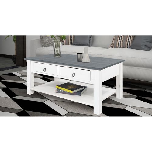 Ines - Table Basse Avec 2 Tiroirs En Pin Blanc Et Gris
