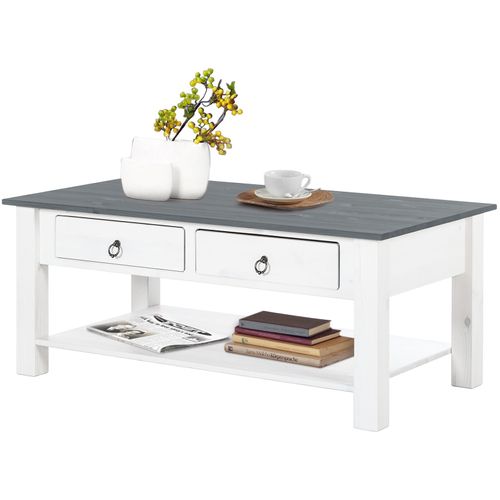 Ines - Table Basse Avec 2 Tiroirs En Pin Blanc Et Gris