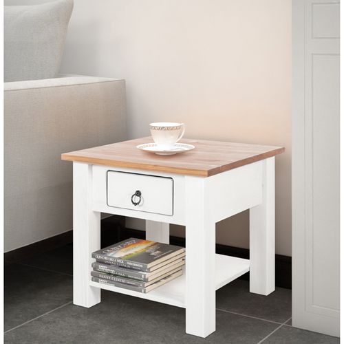 Ines - Table Basse Avec 1 Tiroir En Pin Blanc Et Miel