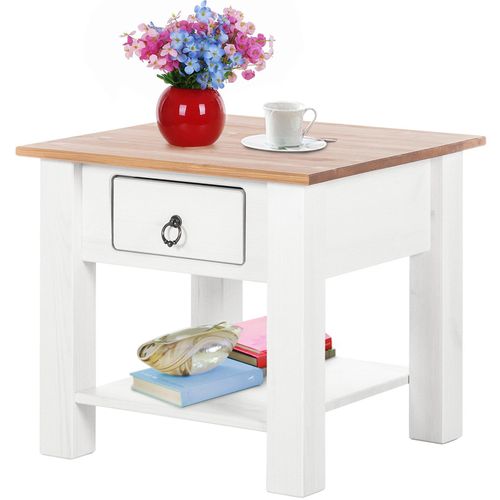 Ines - Table Basse Avec 1 Tiroir En Pin Blanc Et Miel