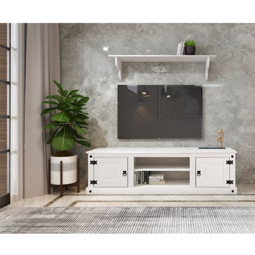 Mexico - Meuble TV 160cm Avec 2 Tiroirs En Pin Blanc