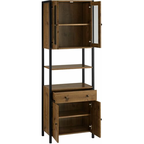 Chris-armoire Haute Avec 2 Portes Vitrées + 2 Portes En Aggloméré Chêne / Noir