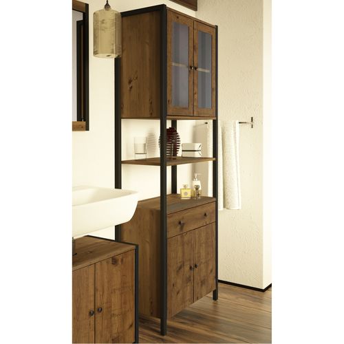 Chris-armoire Haute Avec 2 Portes Vitrées + 2 Portes En Aggloméré Chêne / Noir