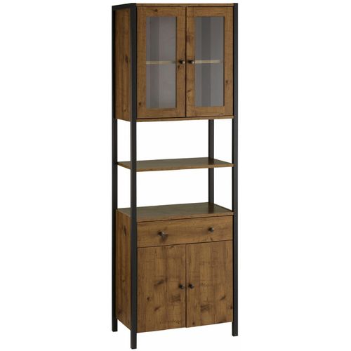 Chris-armoire Haute Avec 2 Portes Vitrées + 2 Portes En Aggloméré Chêne / Noir