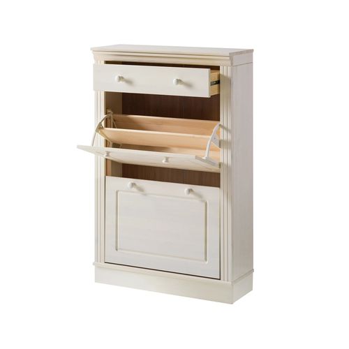 Anita - Coffre à Chaussures Avec 2 Portes Battantes Et 1 Tiroir En Pin Blanc