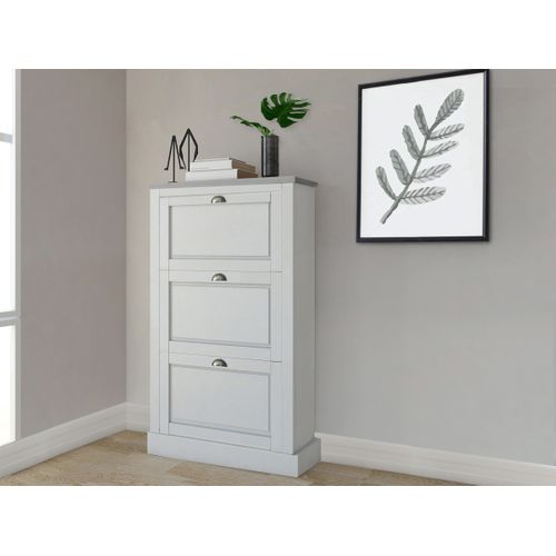 Toby-coffre à Chaussures Avec 3 Portes Battantes En Pin Blanc/gris