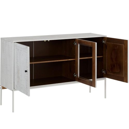 Freya-buffet à 2 Portes Et 1 Porte Vitrée En Pin Blanc Crème