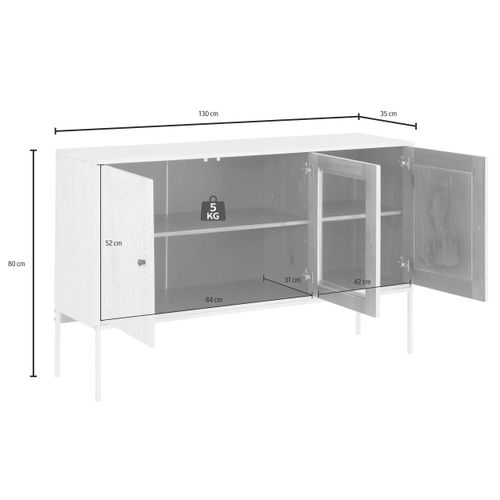 Freya-buffet à 2 Portes Et 1 Porte Vitrée En Pin Blanc Crème