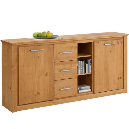 Celia-buffet En Pin Avec 2 Portes, 3 Tiroirs Et 2 Étagères Ouvertes