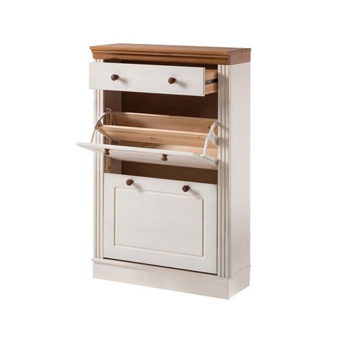 Anita - Coffre à Chaussures 2 Portes Battantes Et 1 Tiroir En Pin Blanc/miel