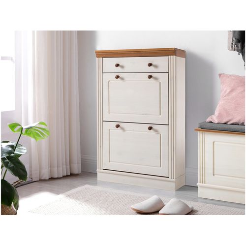 Anita - Coffre à Chaussures 2 Portes Battantes Et 1 Tiroir En Pin Blanc/miel