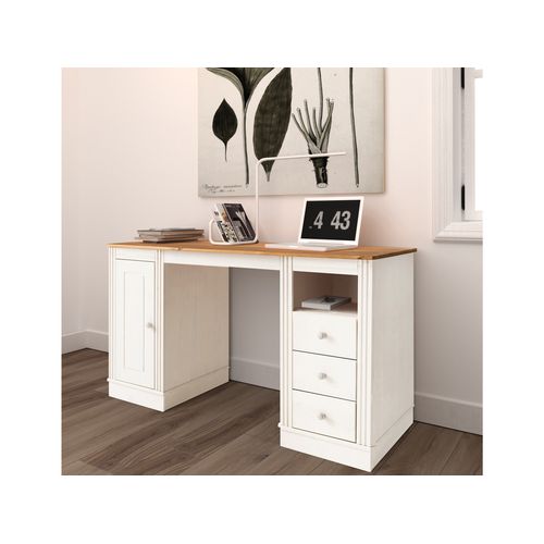 Anita-bureau Avec 3 Tiroirs Et 1 Porte En Pin Blanc / Miel