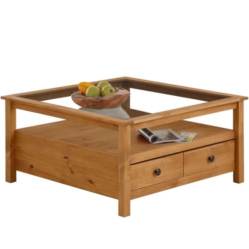 Linda-table Basse En Pin Avec Plateau En Verre Et 2 Tiroirs