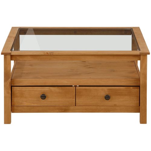 Linda-table Basse En Pin Avec Plateau En Verre Et 2 Tiroirs