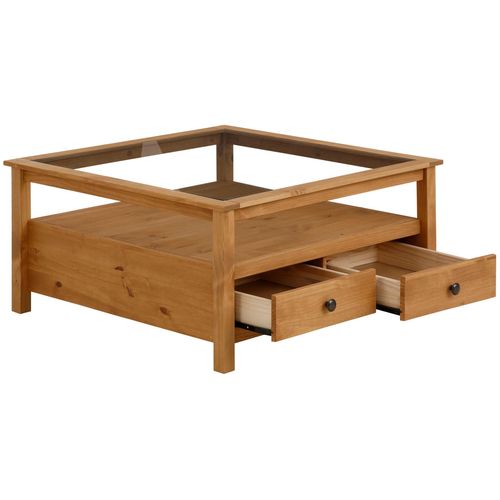 Linda-table Basse En Pin Avec Plateau En Verre Et 2 Tiroirs