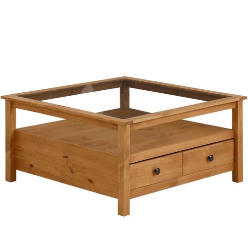 Linda-table Basse En Pin Avec Plateau En Verre Et 2 Tiroirs