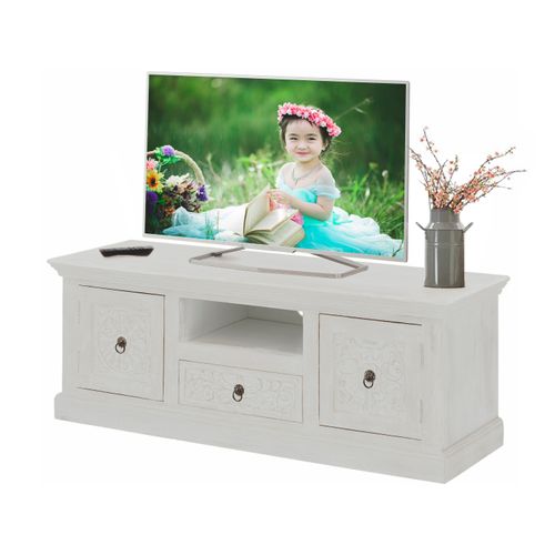 Malati-meuble TV Avec 2 Portes Et 1 Tiroir En Bois De Manguier Crème