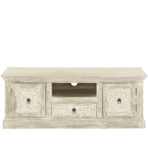 Malati-meuble TV Avec 2 Portes Et 1 Tiroir En Bois De Manguier Crème