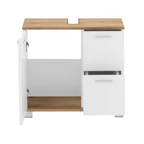 Badus-meuble Sous-évier Petit Modèle à Une Porte Et Deux Tiroirs, Aspect Chêne Et Blanc.