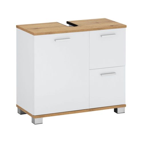 Badus-meuble Sous-évier Petit Modèle à Une Porte Et Deux Tiroirs, Aspect Chêne Et Blanc.