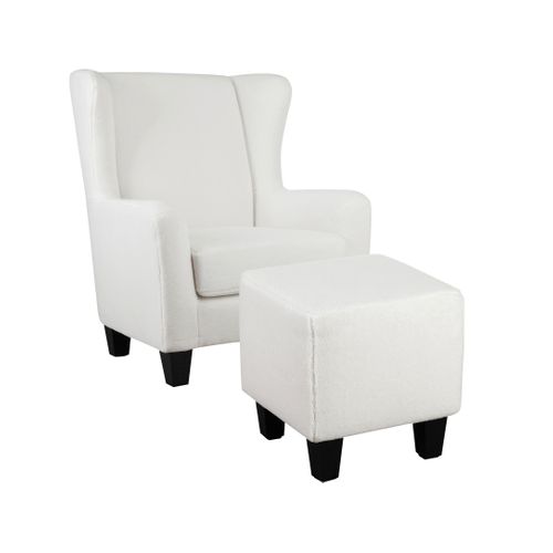 Zhili-chaise D'appoint Tapissée Avec Tabouret En Tissu Teddy Blanc Cassé