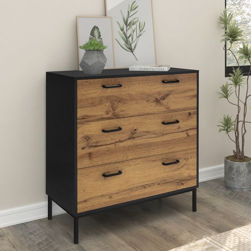 Rocco-commode à 3 Tiroirs En Effet Chêne Et Noir