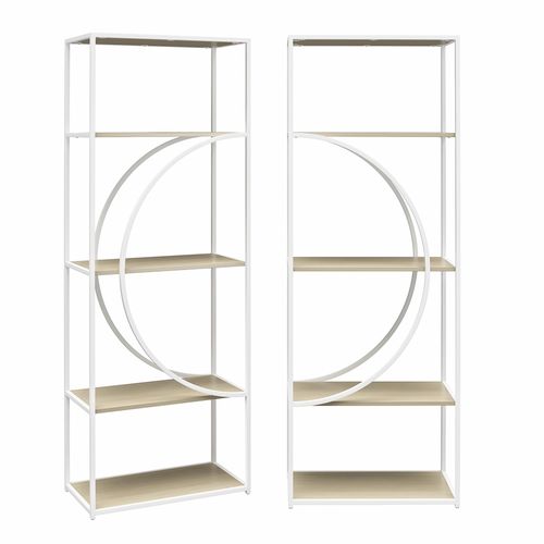 Cambridge-bibliothèque Avec Étagères En Chêne Clair Et Cadre En Métal Blanc