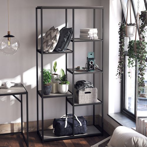 Quincy - Bibliothèque 5 Étagères En Effet Chêne Gris Et Cadre Métallique Noir