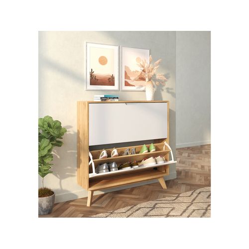 Ezra - Meuble à Chaussures à 2 Rabats En Aggloméré Chêne / Blanc