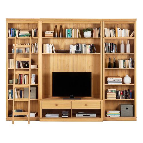 Anita-meuble Mural En Pin Comprenant 2 Bibliothèques, 1 Meuble Bas Et 1 Échelle.