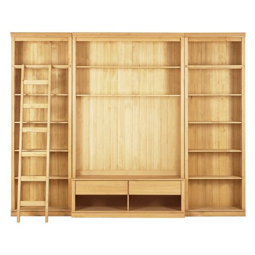 Anita-meuble Mural En Pin Comprenant 2 Bibliothèques, 1 Meuble Bas Et 1 Échelle.