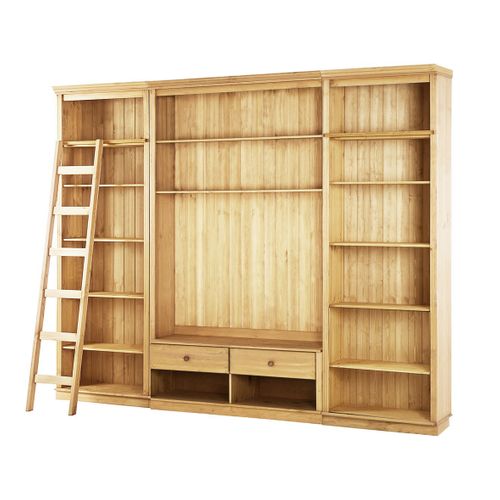 Anita-meuble Mural En Pin Comprenant 2 Bibliothèques, 1 Meuble Bas Et 1 Échelle.