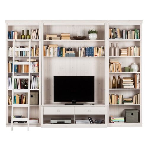 Anita-bibliothèque Avec Meuble TV Bas En Pin Laqué Blanc