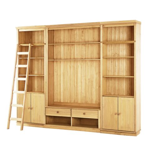 Anita-meuble Mural En Pin Comprenant 2 Bibliothèques, 1 Meuble Bas Et 1 Échelle.