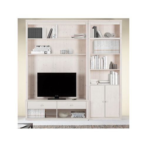 Anita-bibliothèque Avec Meuble TV Bas En Pin Laqué Blanc