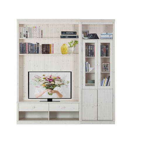 Anita-bibliothèque Avec Meuble TV Bas En Pin Laqué Blanc