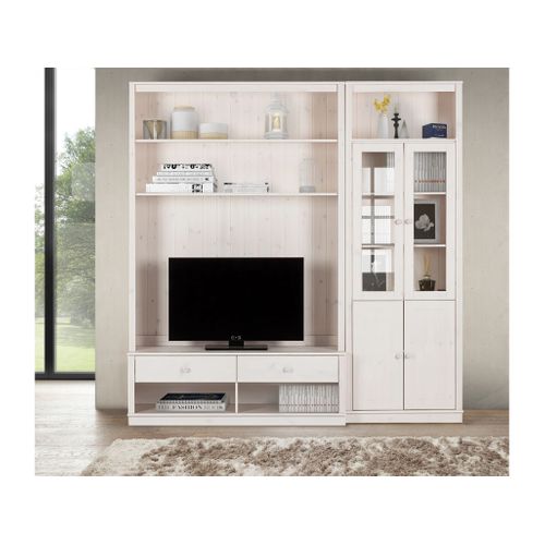 Anita-bibliothèque Avec Meuble TV Bas En Pin Laqué Blanc