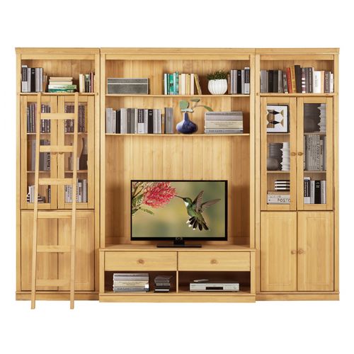 Anita-meuble Mural En Pin Comprenant 2 Bibliothèques, 1 Meuble Bas Et 1 Échelle.