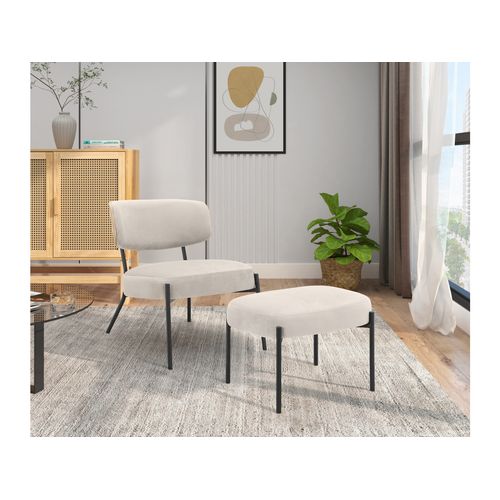 Jerry-fauteuil Lounge Avec Tabouret En Velours Crème