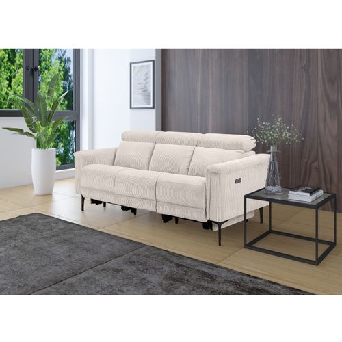 Lund-canapé 3 Places Avec 2 Relax Électriques En Velours Côtelé Crème