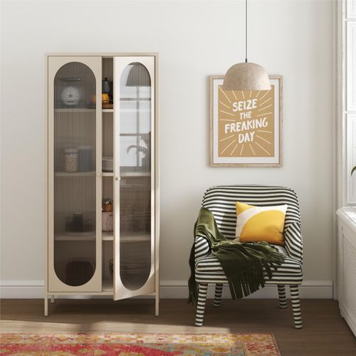 Luna - Vitrine Haute Avec 2 Portes Vitrées En Métal Crème