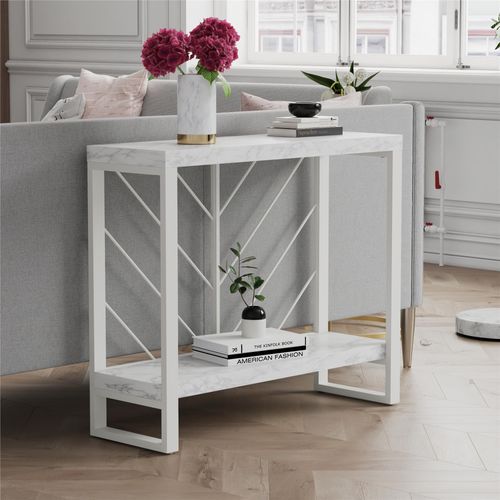Brielle - Table Console Avec 1 Étagère En Effet Marbre Blanc