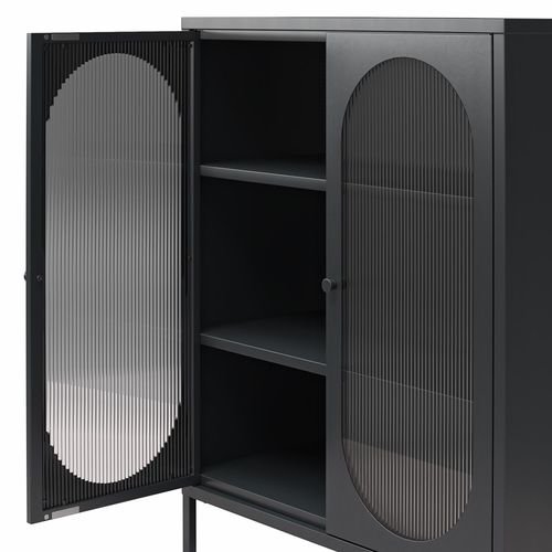 Luna - Vitrine Basse Avec 2 Portes Vitrées En Métal Noir