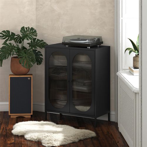 Luna - Vitrine Basse Avec 2 Portes Vitrées En Métal Noir