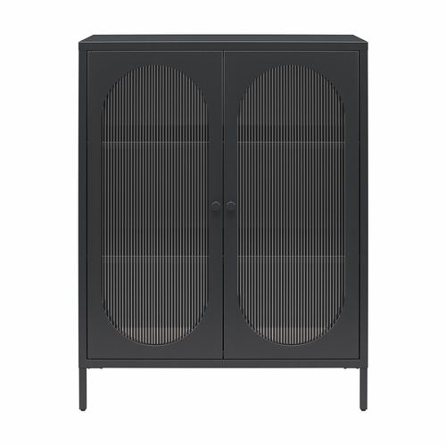 Luna - Vitrine Basse Avec 2 Portes Vitrées En Métal Noir