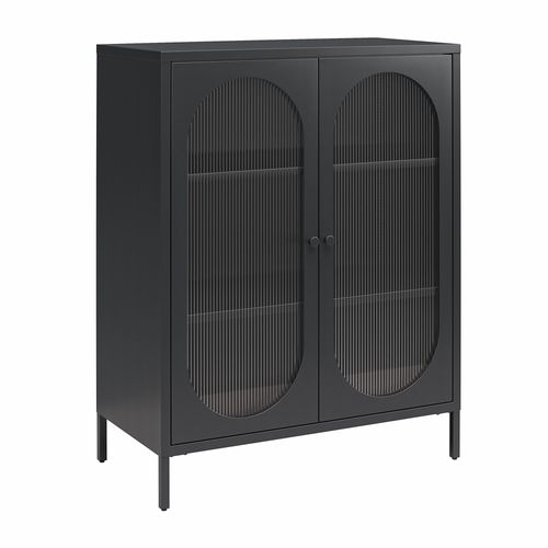 Luna - Vitrine Basse Avec 2 Portes Vitrées En Métal Noir