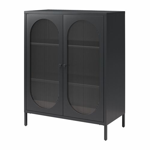 Luna - Vitrine Basse Avec 2 Portes Vitrées En Métal Noir