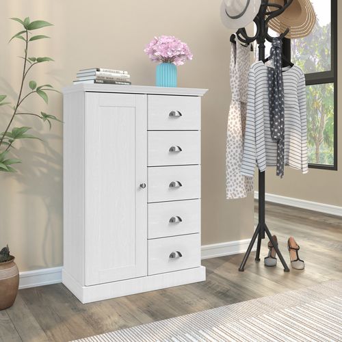 Motala-commode Avec 1 Porte / 5 Tiroirs En Effet Bois Blanc