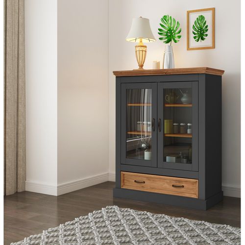 Selma-buffet Haut Avec 2 Portes En Verre Et 1 Tiroir En Pin Anthracite