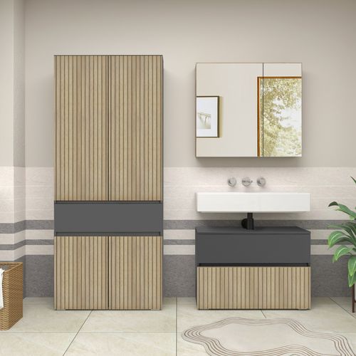 Wisla -armoire De Salle De Bain Avec 4 Portes 1 Tiroir Aspect Chêne Anthracite